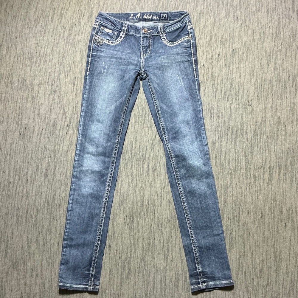 LA Idol USA Women Skinny Jeans Size 7 Medium Wash Rhinestone Floral Embroidered